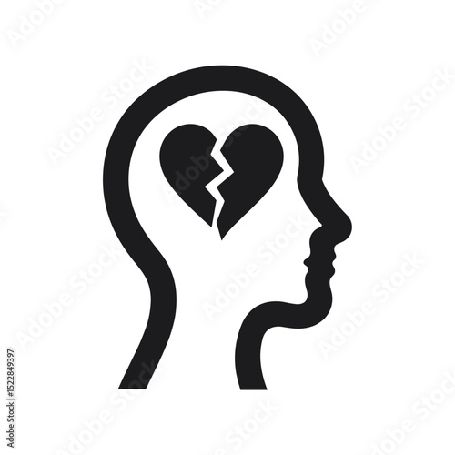 Broken heart inside head profile. Grief and sorrow concept image showing cracked heart symbol within human head silhouette. This symbolic illustration is perfect for funeral services
