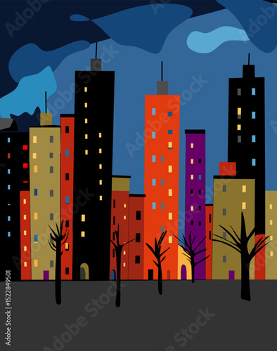 A nighttime cityscape is depicted with a variety of colorful high-rise buildings