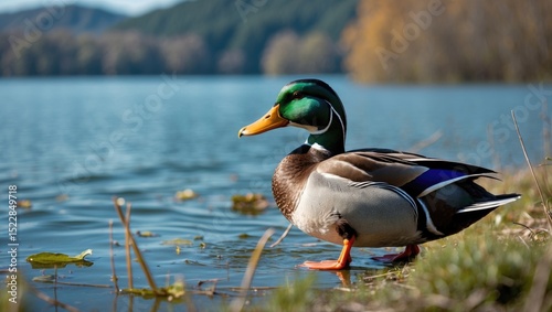 A captured image of a duck near the lake showing its beautiful colors. photo