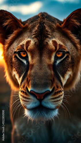 Close-up of a lion s intense golden eyes reflecting the savannah at sunset ultra-detailed 8K vertica photo