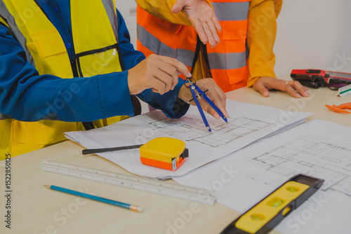 An Asian female engineer reviews and discusses detailed house construction plans  structural integrity, design accuracy, and successful project execution.