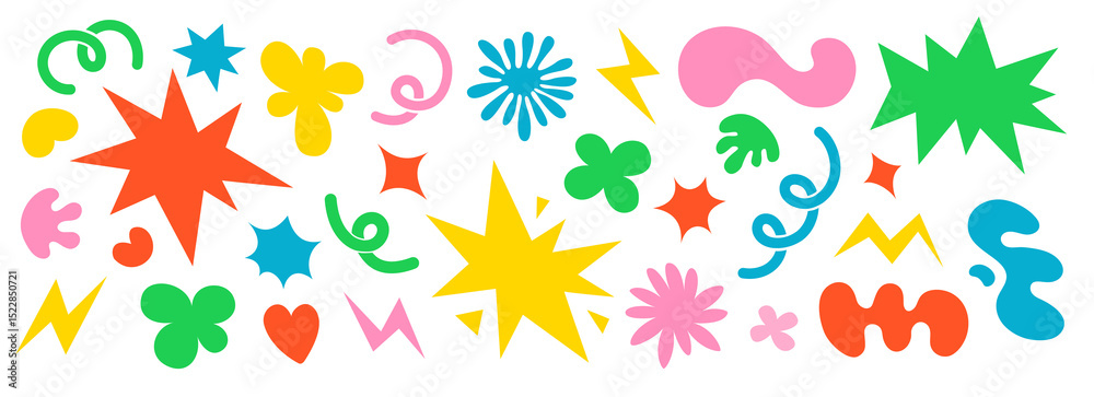 Obraz premium Abstract clouds and flowers shapes icons set. Groovy funky flowers, bubbles, stars, loops and waves in trendy retro cartoon style. Illustration with wavy elements