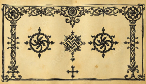 Decorative vintage pattern with intricate motifs on aged paper  