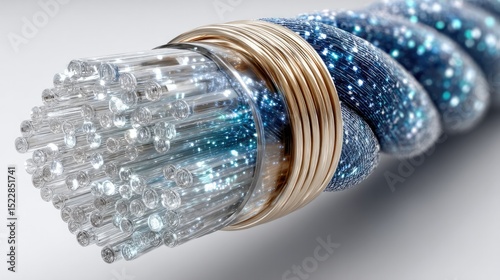 Fiber optic data cable: Close-up on a futuristic high-tech fiber optic cable with a shimmering, radiant blue glow.