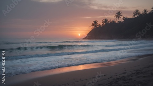 A surf spot beach with a calm ocean during sunset