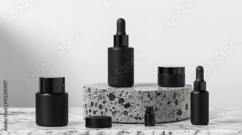 Minimalist black cosmetic bottles and jars arranged on marble and terrazzo surfaces with a modern, elegant aesthetic.