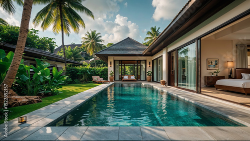 Wallpaper Mural Modern tropical villa with private swimming pool, sunbeds, and lush garden Torontodigital.ca