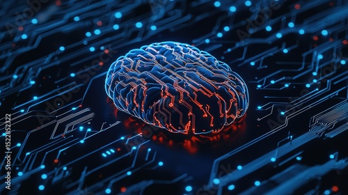 A digital brain with glowing circuits symbolizes artificial intelligence and advanced technology on a futuristic microchip background.