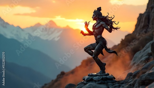 A bronze sculpture of Lord Shiva in his Nataraj form, dancing powerfully during Maha Shivratri, set against a backdrop of the snow-capped Himalayas at dawn, with faint light illuminating the intricate