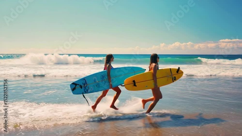 Surfers run on sandy beach with surfboards during sunny day at coastline