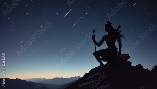 Silhouette of Lord Shiva in a meditative pose atop a rugged mountain peak at night, with a dramatic display of shooting stars overhead, during a clear autumn night.