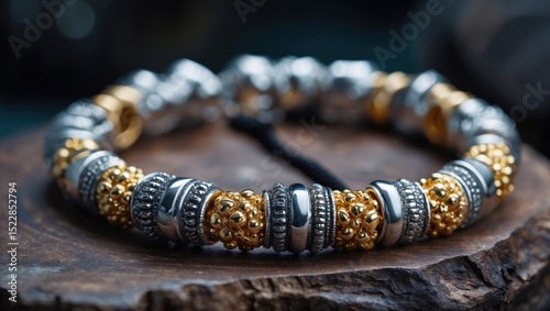 A bracelet made of silver and gold with intricate designs. photo