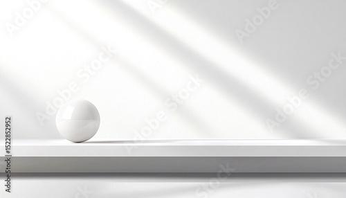 White Sphere on a Clean White Shelf with Sunlight Shadow