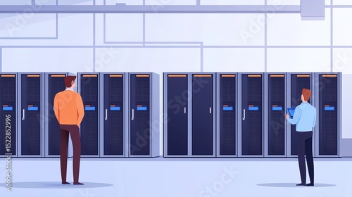 Two people inspect rows of server racks in a modern data center.