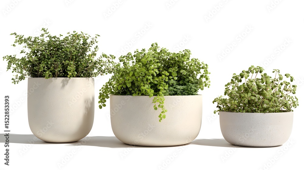 Three ceramic pots with lush green plants, minimalist and natural aesthetic Three ceramic pots with lush green plants, minimalist and natural aesthetic