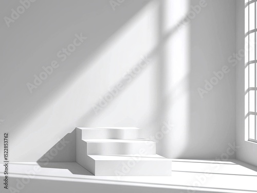 White Steps Platform In A Bright Room With Sunlight