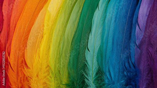 Colorful feathers forming a vibrant rainbow gradient