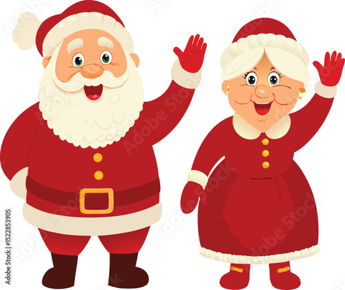 Cartoon Santa Claus and Mrs Claus waving isolated on white background