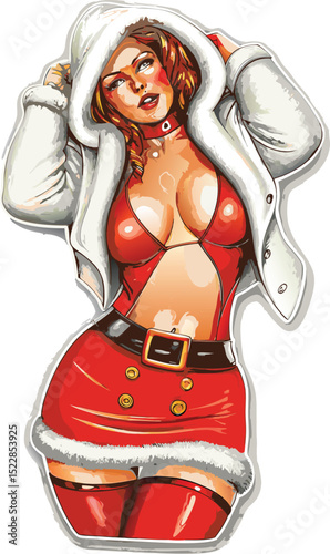 Cartoon Sexy Santa Girl with Hooded Jacket and Red Dress Illustration
