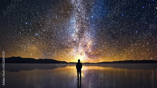 Silhouetted figure gazes at a starry night sky over a calm lake