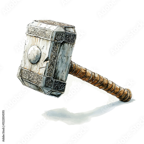 Mjolnir Thors Hammer, watercolor painting vector, high quality, isolated on a white background.