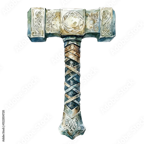 watercolor of Mjolnir Thors Hammer, vector high quality, isolated on a white background.