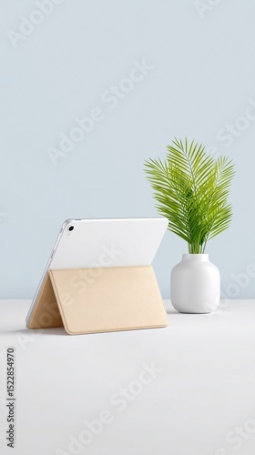 White Tablet in Beige Keyboard Folio Stand on White Desk with Green Plant