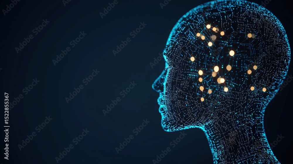 Obraz premium A digital human head with glowing network connections, symbolizing artificial intelligence and digital thinking.