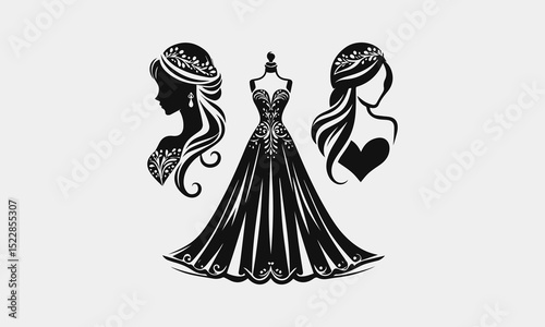 Elegant wedding dress silhouette vector logo design for bridal boutique branding