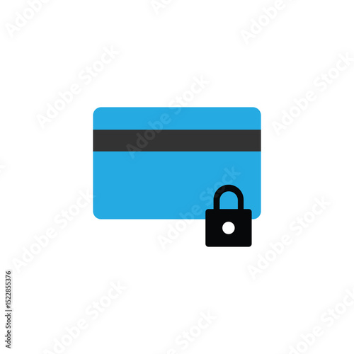 Flat icon of a blue credit card with a black padlock symbol, representing secure payment, online transaction safety, or data protection. Ideal for financial and cybersecurity visuals.