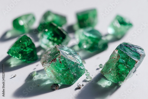 A photorealistic top-down view of uncut emerald crystals from Colombia