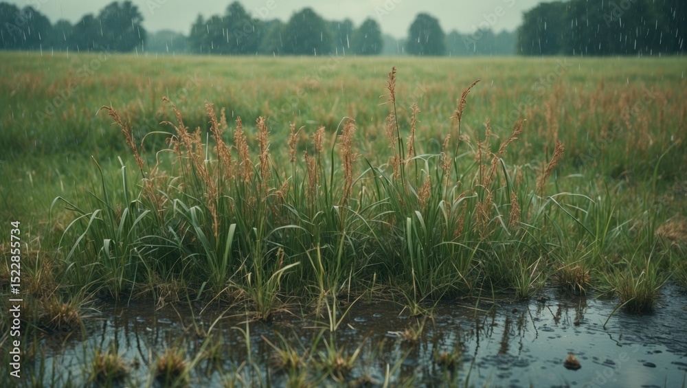 Obraz premium Grassland on a rainy day with empty copy space for text.