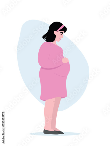 Pregnant woman standing full length in profile. Happy future mother. Vector flat graphics.