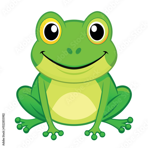 Cartoon Green Frog Sitting Smiling With Big Eyes Illustration For Kids, Children, Nursery