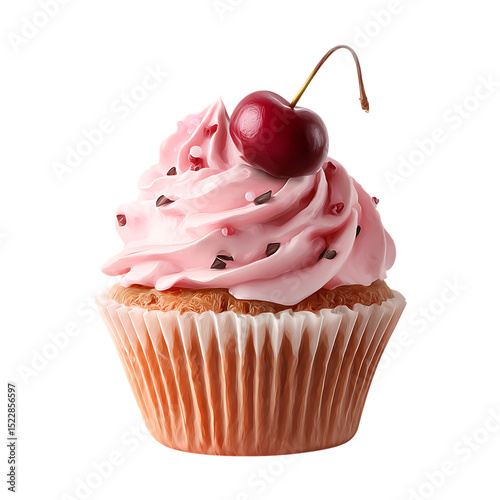 Delicious cupcake and cake with cherries and pink frosting isolated on white background photo