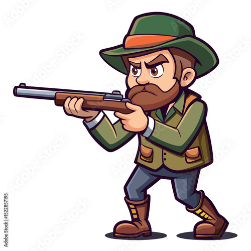 Cartoon Hunter Aiming Rifle Green Hat, Brown Beard, Ready to Hunt Mascot Character