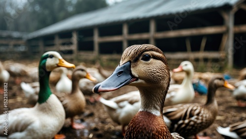 Ducks Feed On Traditional Rural Barnyard. Detail Of A Duck Head. Close Up Of Waterbird Standing On Barn Yard. Free Range Poultry Farming Concept with Empty Copy Space For Text photo
