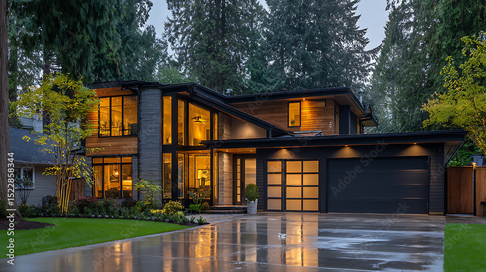Obraz premium Contemporary modern house exterior at dusk with warm glowing windows, showcasing architectural details and cozy ambiance enhanced by soft garden lighting, shallow depth of field.