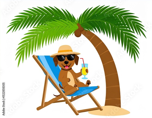 The dog is drinking a drink and relaxing on a deck chair under a palm tree. Illustration, graphics