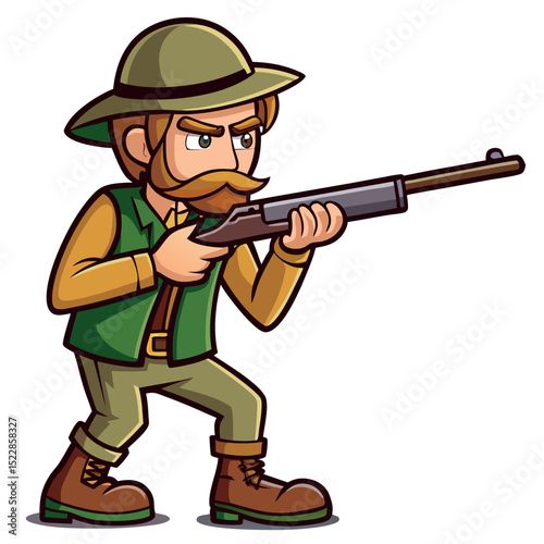 Cartoon Hunter Aiming Rifle, Wearing Safari Hat, Green Vest, and Leather Boots