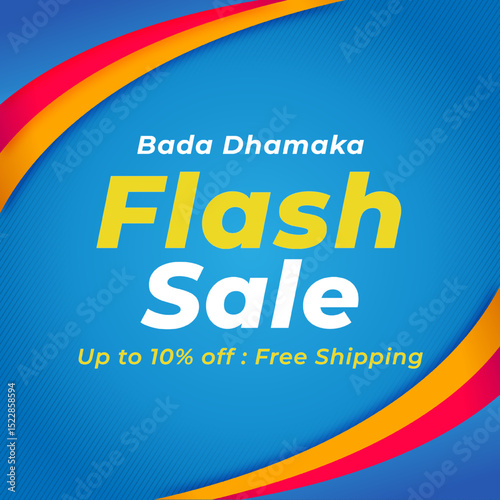 Flash Sale Banner in Blue Background With Up to 10% off. Vector illustration. 10% off Free Shipping. Bada Dhamaka.