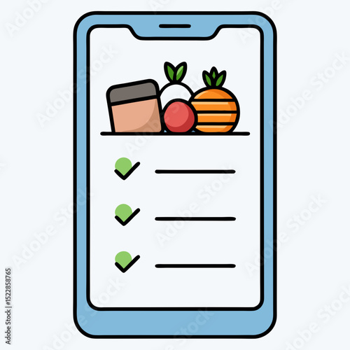 Digital clipboard with checkmarks and food icons vector illustration in teal color on white background for meal planning and nutrition tracking