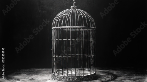 Empty birdcage, dark studio, freedom concept, advertising