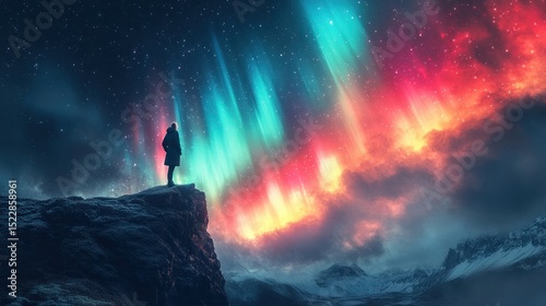 Person Gazing at Aurora Borealis Over Mountain Peaks at Night