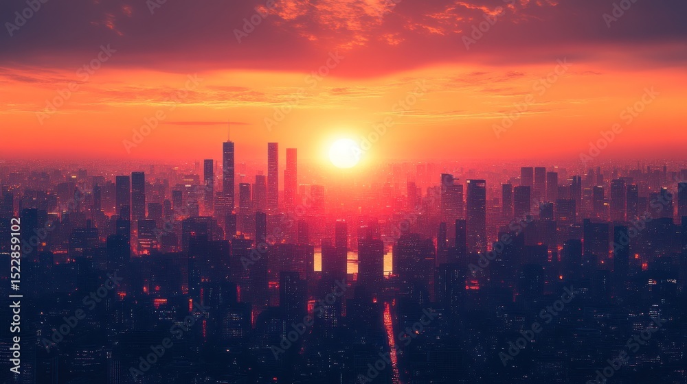 Obraz premium Cityscape sunset aerial view, fiery sky, urban panorama, sunrise