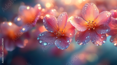 Dew-kissed pink flowers in sunrise light