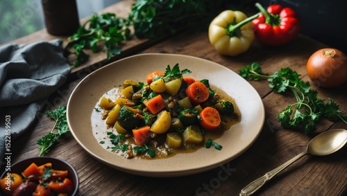 Vegetable Stew Served on a Beige Plate on a Wooden Table Surrounded by Vegetables, with Space for Text photo