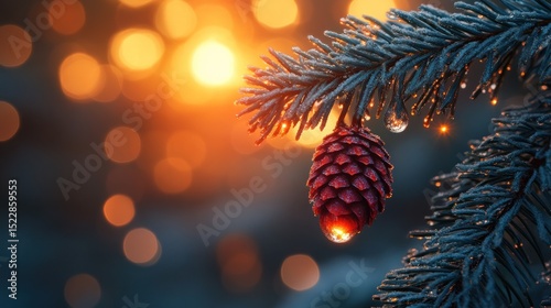 Frosty pine cone sunrise bokeh winter card