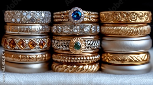 Stacked luxury rings, gold, diamonds, jewelry, studio, textile background, retail