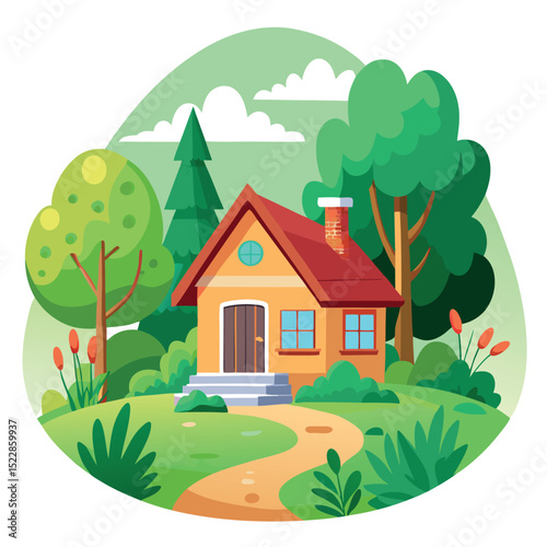 Cartoon Illustration of a Cute House with Red Roof Amidst Lush Greenery